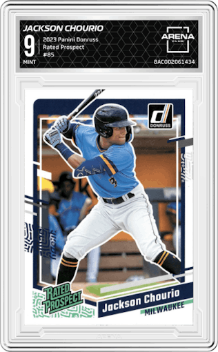 Jackson Chourio from the 2023 Panini Donruss set graded by Arena Club and given an overall grade of 9.