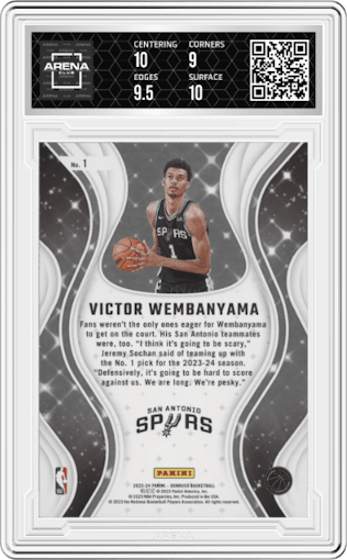 Victor Wembanyama from the 2023-24 Panini Donruss set graded by Arena Club and given an overall grade of 9.5.