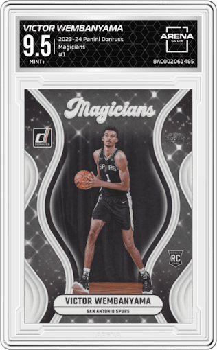 Victor Wembanyama from the 2023-24 Panini Donruss set graded by Arena Club and given an overall grade of 9.5.