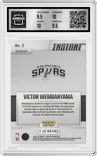 Victor Wembanyama from the 2023-24 Panini Instant NBA set graded by Arena Club and given an overall grade of 10.