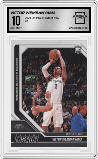 Victor Wembanyama from the 2023-24 Panini Instant NBA set graded by Arena Club and given an overall grade of 10.