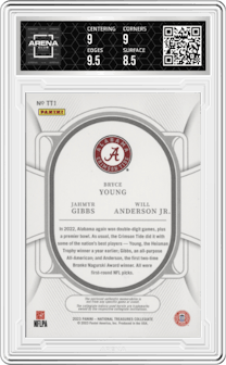 Jahmyr Gibbs/Will Anderson Jr./Bryce Young from the 2023 Panini National Treasures Collegiate set featuring a Blue parallel graded by Arena Club and given an overall grade of 9.