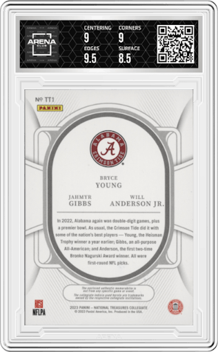 Jahmyr Gibbs/Will Anderson Jr./Bryce Young from the 2023 Panini National Treasures Collegiate set featuring a Blue parallel graded by Arena Club and given an overall grade of 9.