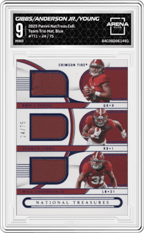 Jahmyr Gibbs/Will Anderson Jr./Bryce Young from the 2023 Panini National Treasures Collegiate set featuring a Blue parallel graded by Arena Club and given an overall grade of 9.