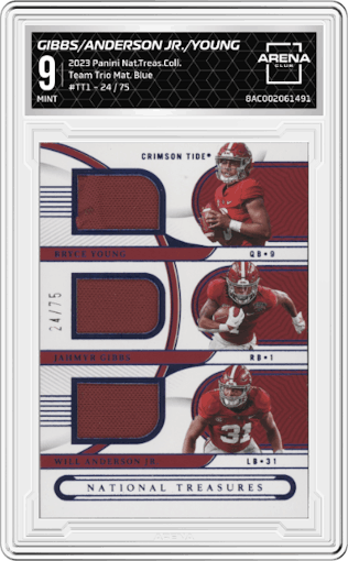 Jahmyr Gibbs/Will Anderson Jr./Bryce Young from the 2023 Panini National Treasures Collegiate set featuring a Blue parallel graded by Arena Club and given an overall grade of 9.