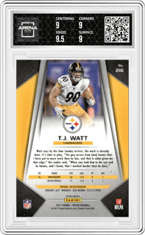 T.J. Watt from the 2017 Panini Prizm set featuring a Prizm parallel graded by Arena Club and given an overall grade of 9.