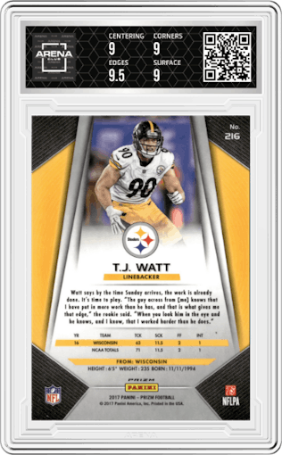 T.J. Watt from the 2017 Panini Prizm set featuring a Prizm parallel graded by Arena Club and given an overall grade of 9.