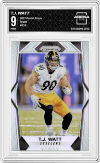 T.J. Watt from the 2017 Panini Prizm set featuring a Prizm parallel graded by Arena Club and given an overall grade of 9.