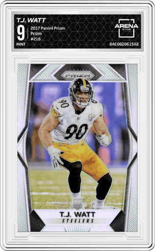 T.J. Watt from the 2017 Panini Prizm set featuring a Prizm parallel graded by Arena Club and given an overall grade of 9.