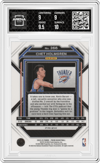 Chet Holmgren from the 2022-23 Panini Prizm  set featuring a Silver Prizm parallel graded by Arena Club and given an overall grade of 9.5.