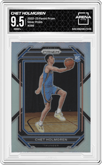 Chet Holmgren from the 2022-23 Panini Prizm  set featuring a Silver Prizm parallel graded by Arena Club and given an overall grade of 9.5.