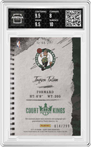 Jayson Tatum from the 2017-18 Panini Court Kings Basketball set graded by Arena Club and given an overall grade of 8.5.