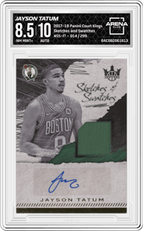Jayson Tatum from the 2017-18 Panini Court Kings Basketball set graded by Arena Club and given an overall grade of 8.5.