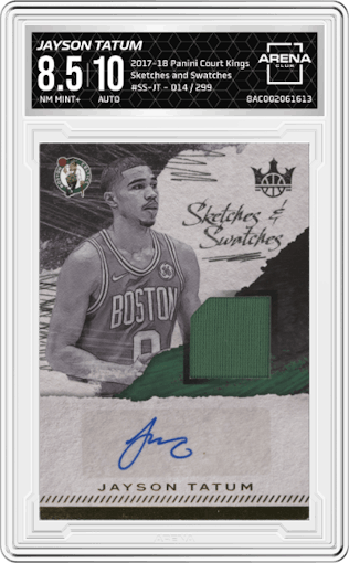 Jayson Tatum from the 2017-18 Panini Court Kings Basketball set graded by Arena Club and given an overall grade of 8.5.