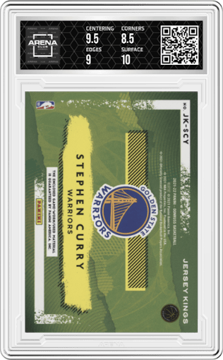 Stephen Curry from the 2021-22 Panini Donruss set featuring a Prime parallel graded by Arena Club and given an overall grade of 9.