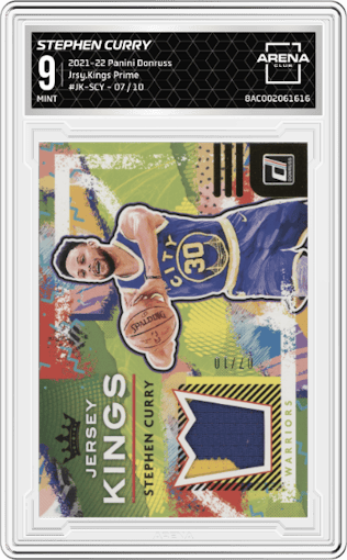 Stephen Curry from the 2021-22 Panini Donruss set featuring a Prime parallel graded by Arena Club and given an overall grade of 9.
