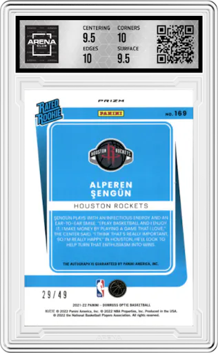 Alperen Sengun from the 2021-22 Panini Donruss Optic set featuring a Blue parallel graded by Arena Club and given an overall grade of 10.