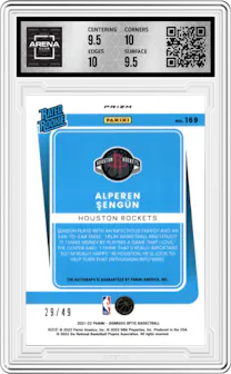 Alperen Sengun from the 2021-22 Panini Donruss Optic set featuring a Blue parallel graded by Arena Club and given an overall grade of 10.