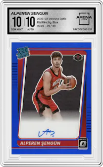 Alperen Sengun from the 2021-22 Panini Donruss Optic set featuring a Blue parallel graded by Arena Club and given an overall grade of 10.