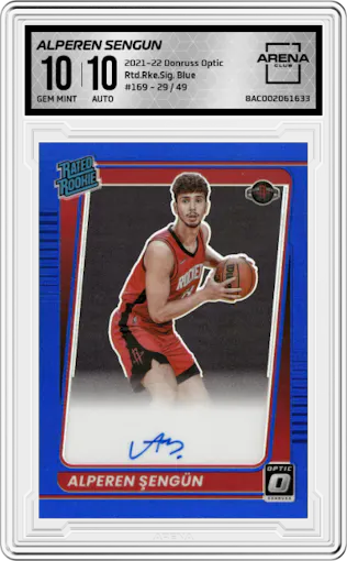 Alperen Sengun from the 2021-22 Panini Donruss Optic set featuring a Blue parallel graded by Arena Club and given an overall grade of 10.