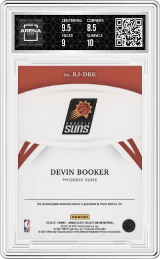 Devin Booker from the 2020-21 Panini Immaculate Collection  set featuring a Red parallel graded by Arena Club and given an overall grade of 9.