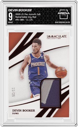 Devin Booker from the 2020-21 Panini Immaculate Collection  set featuring a Red parallel graded by Arena Club and given an overall grade of 9.