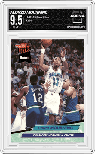 Alonzo Mourning from the 1992-93 Fleer Ultra set graded by Arena Club and given an overall grade of 9.5.