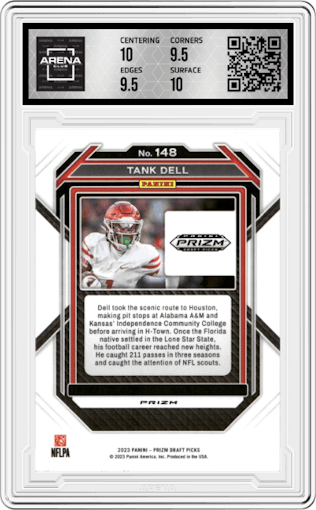 Tank Dell  from the 2023 Panini Prizm Draft Picks set featuring a Red Ice parallel graded by Arena Club and given an overall grade of 10.