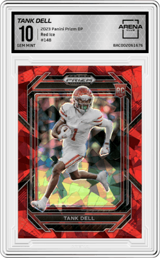 Tank Dell  from the 2023 Panini Prizm Draft Picks set featuring a Red Ice parallel graded by Arena Club and given an overall grade of 10.