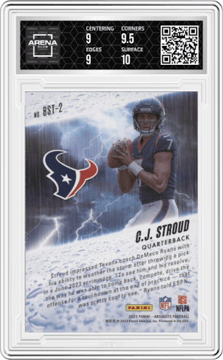 C.J. Stroud from the 2023 Panini Absolute set graded by Arena Club and given an overall grade of 9.5.