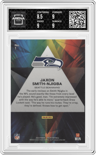 Jaxon Smith-Njigba from the 2023 Panini Prizm set graded by Arena Club and given an overall grade of 9.