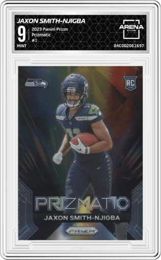 Jaxon Smith-Njigba from the 2023 Panini Prizm set graded by Arena Club and given an overall grade of 9.