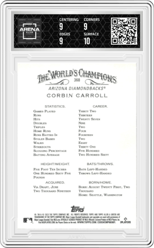 Corbin Carroll  from the 2023 Topps Allen & Ginter set graded by Arena Club and given an overall grade of 9.5.