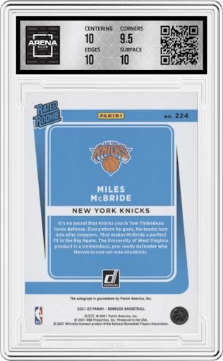 Miles McBride from the 2021-22 Panini Donruss set featuring a Gold Holo Laser parallel graded by Arena Club and given an overall grade of 10.