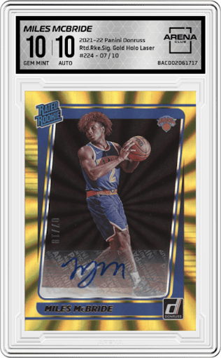 Miles McBride from the 2021-22 Panini Donruss set featuring a Gold Holo Laser parallel graded by Arena Club and given an overall grade of 10.