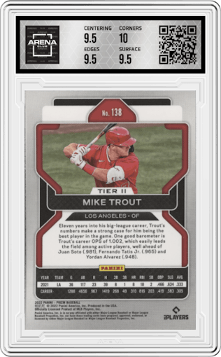 Mike Trout from the 2022 Panini Prizm set graded by Arena Club and given an overall grade of 10.