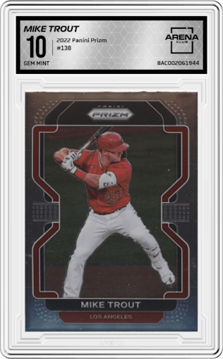 Mike Trout from the 2022 Panini Prizm set graded by Arena Club and given an overall grade of 10.