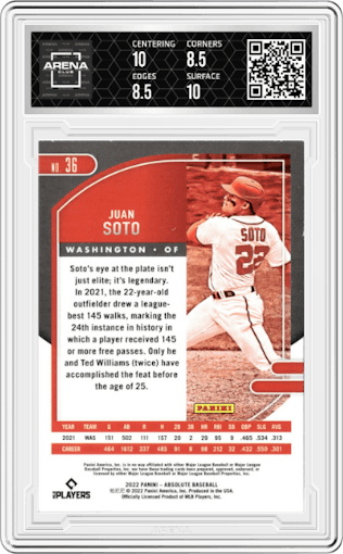 Juan Soto from the 2022 Panini Absolute set graded by Arena Club and given an overall grade of 9.