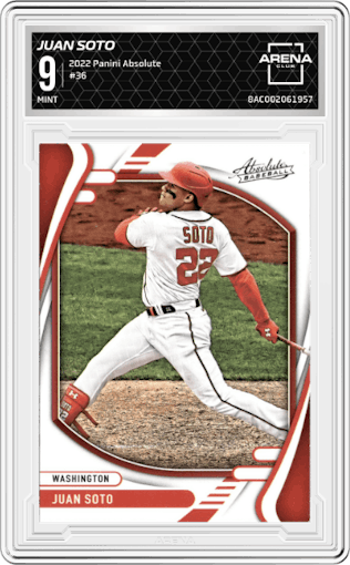 Juan Soto from the 2022 Panini Absolute set graded by Arena Club and given an overall grade of 9.
