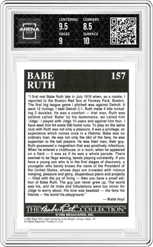 Being Remembered from the 1992 Megacards Babe Ruth set graded by Arena Club and given an overall grade of 9.