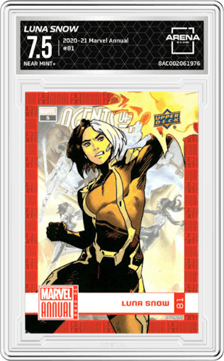 Luna Snow from the 2020-21 Upper Deck Marvel Annual Trading set graded by Arena Club and given an overall grade of 7.5.