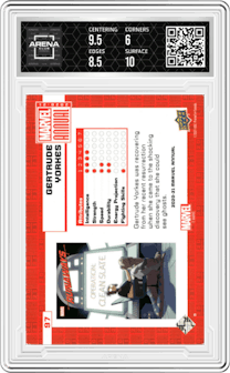 Gertrude Yorkes from the 2020-21 Upper Deck Marvel Annual Trading set graded by Arena Club and given an overall grade of 6.5.