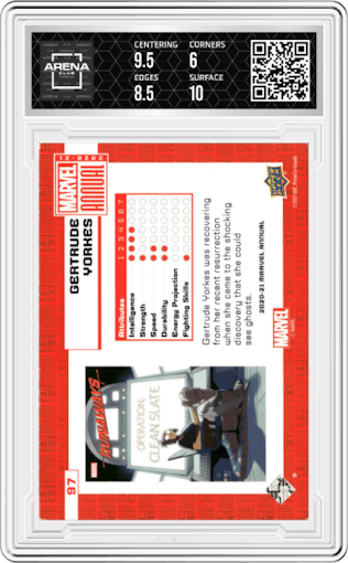 Gertrude Yorkes from the 2020-21 Upper Deck Marvel Annual Trading set graded by Arena Club and given an overall grade of 6.5.