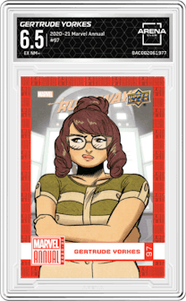 Gertrude Yorkes from the 2020-21 Upper Deck Marvel Annual Trading set graded by Arena Club and given an overall grade of 6.5.