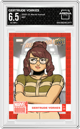Gertrude Yorkes from the 2020-21 Upper Deck Marvel Annual Trading set graded by Arena Club and given an overall grade of 6.5.