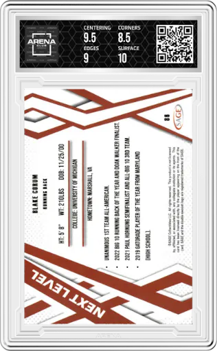 Blake Corum from the 2024 SAGE Hit set graded by Arena Club and given an overall grade of 9.