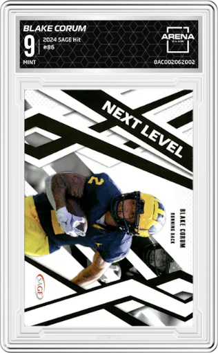 Blake Corum from the 2024 SAGE Hit set graded by Arena Club and given an overall grade of 9.