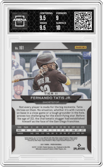 Fernando Tatis Jr. from the 2021 Panini Prizm set graded by Arena Club and given an overall grade of 9.5.