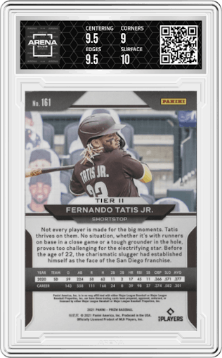 Fernando Tatis Jr. from the 2021 Panini Prizm set graded by Arena Club and given an overall grade of 9.5.