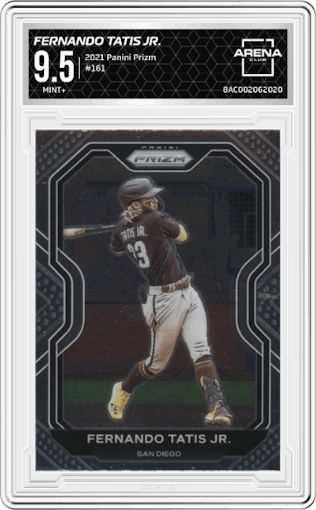Fernando Tatis Jr. from the 2021 Panini Prizm set graded by Arena Club and given an overall grade of 9.5.